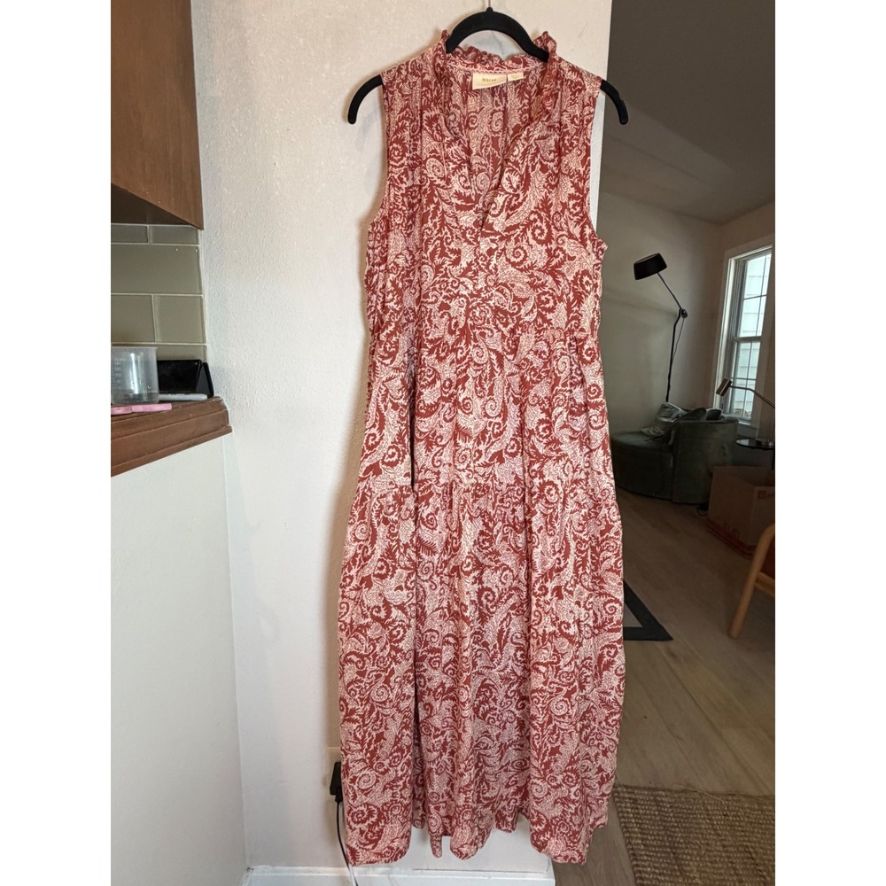 Maeve Anthropologie Rust Red Paisley Tiered Maxi Dress Sleeveless Pockets Small